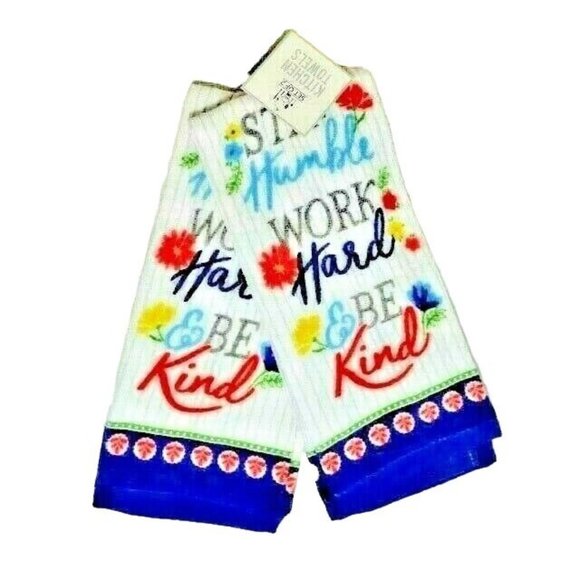 Stay Humble Work Hard Be Kind Kitchen Towels 2-Pc Floral Terry Cotton Gift NEW - Picture 1 of 3